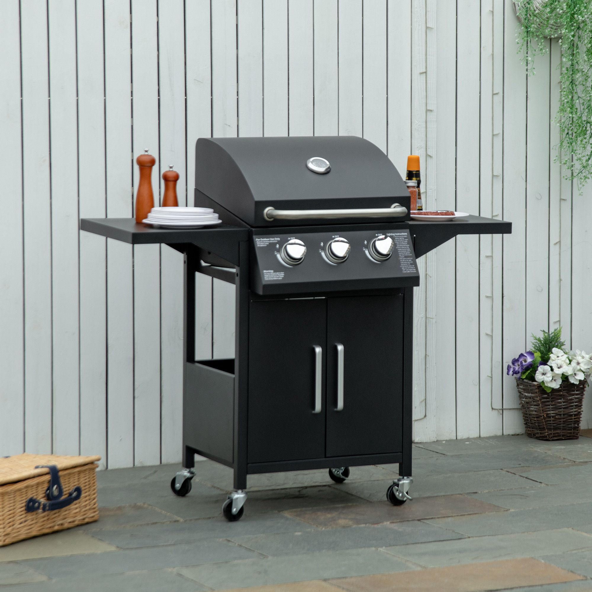 GASGRILL BBQ mit 3 Brennern Stahl Schwarz 121 x 55 x 109 cm - Schwarz, Metall (55/109/121cm) - Outsunny