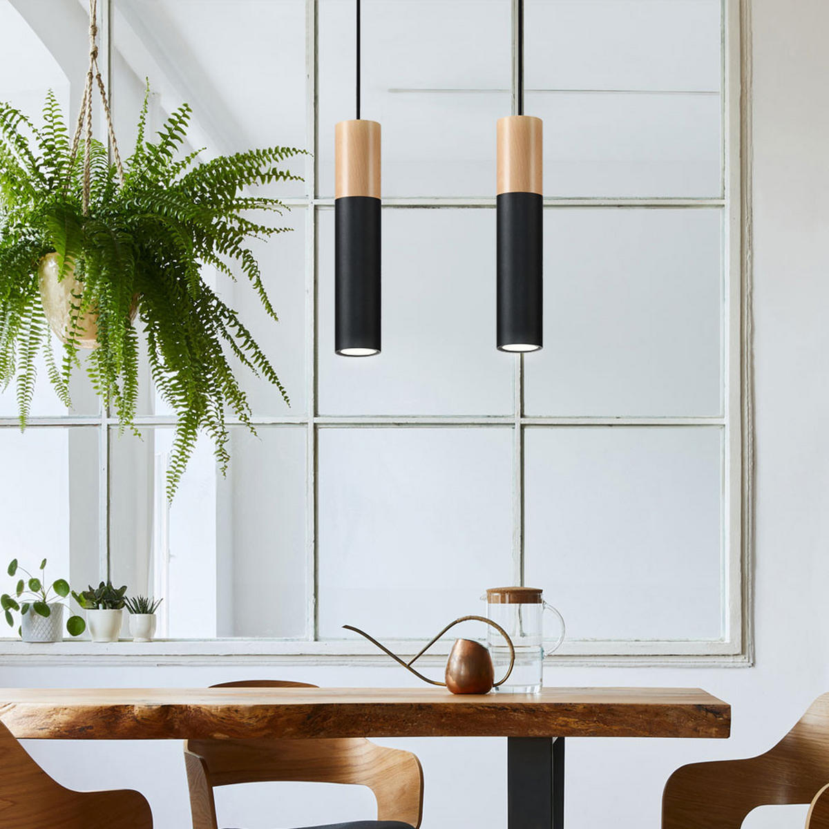 LED HÄNGELEUCHTE Stahl Schwarz Holz 2-flammig - Schwarz, Holz (34/8/100cm)