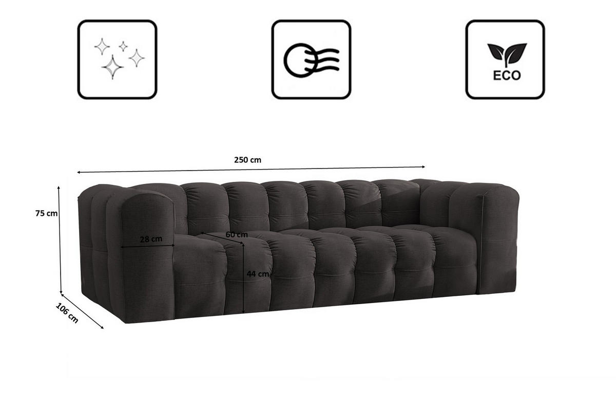 SOFA 4-Sitzer, Komfort, BALOO, stoff Schenille, Schwarz - Schwarz, Holz (250/75/106cm) - Kaiser Möbel