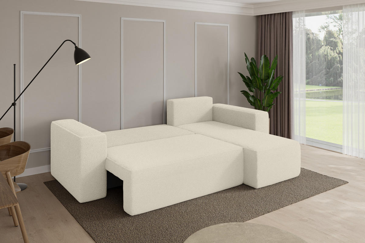 ROHOVÁ SEDAČKA s funkcí spaní, otoman vpravo SENO-L 249x139x85 béžová bouclé - černá/písková barva, kompozitní dřevo/textil (249/139cm) - ALTDECOR