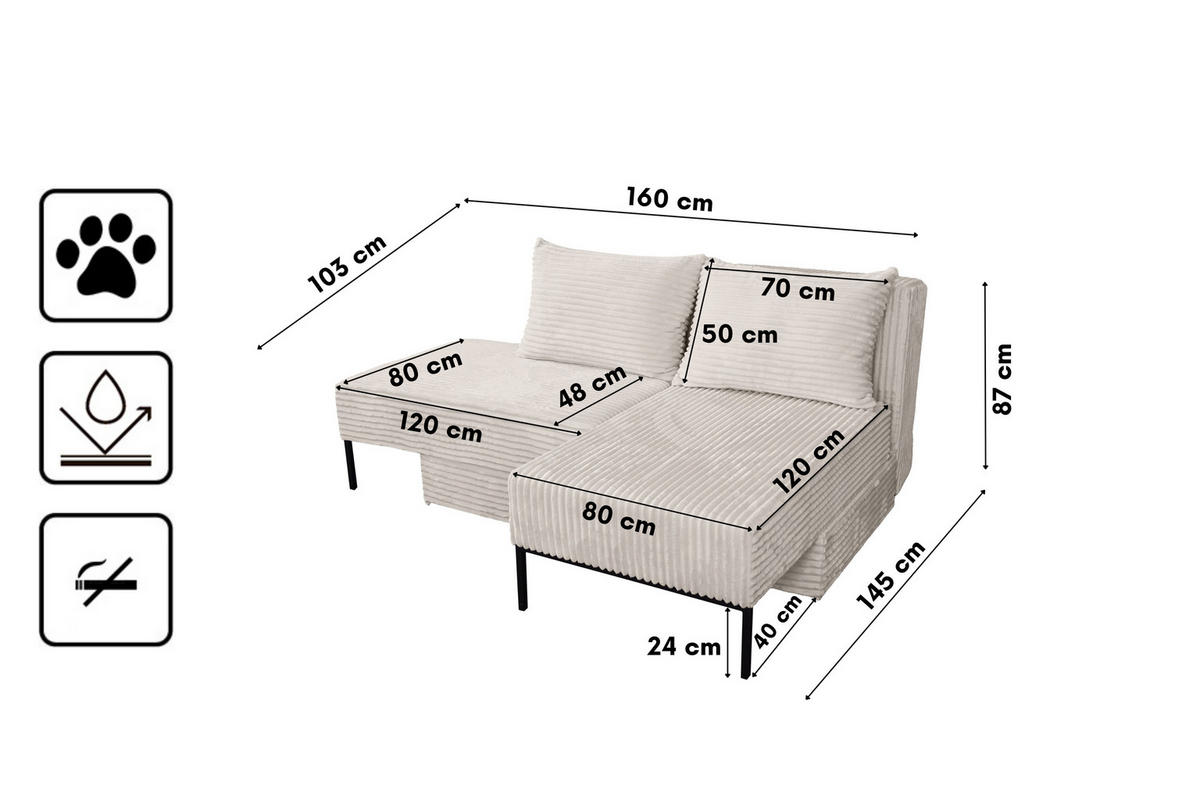ECKSOFA Mit Schlaffunktion MOOKA 4in1-Multifunktions-System Stoff Velo Rechts Ecru - Ecru, Holz/Textil (145/160cm) - Kaiser Möbel