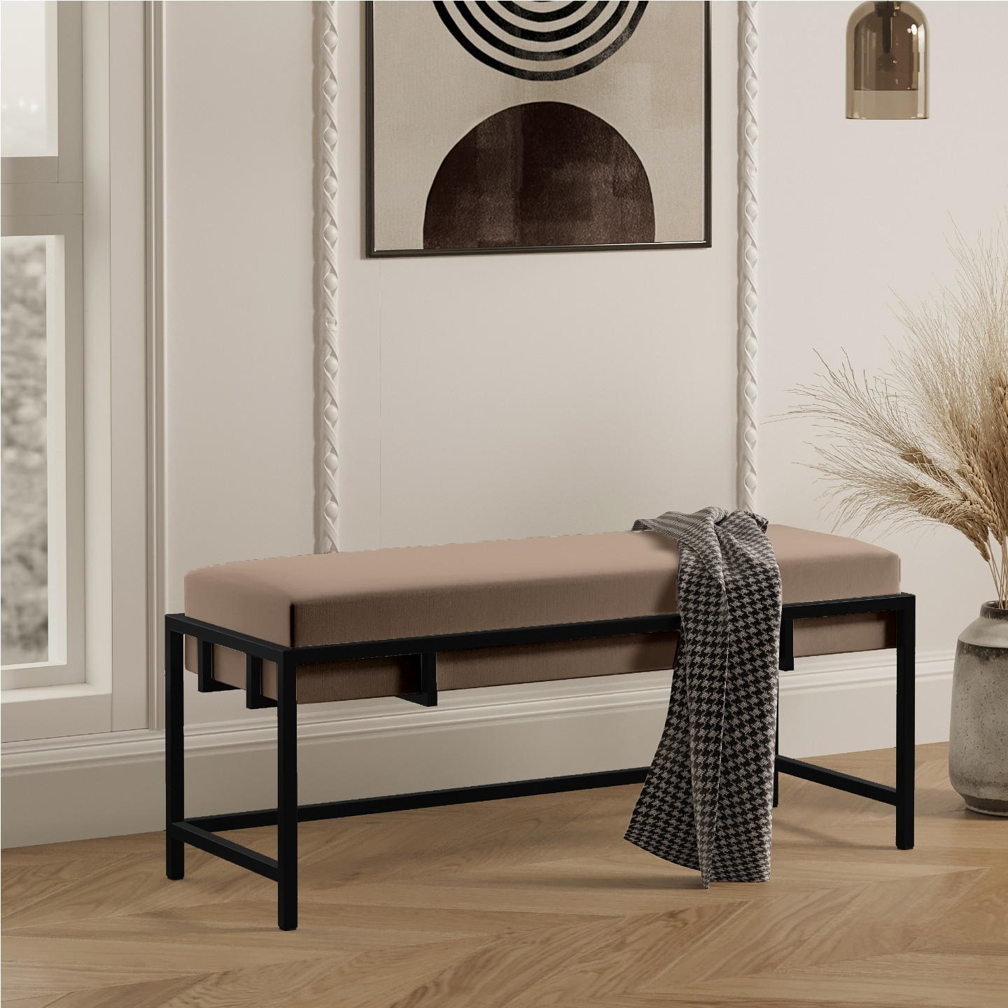 POLSTERBANK LAMO 80 cm Graubraun, schwarzes Gestell, Samtstoff - Dunkelgrau/Schwarz, Textil/Metall (80/45/35cm) - Bettso
