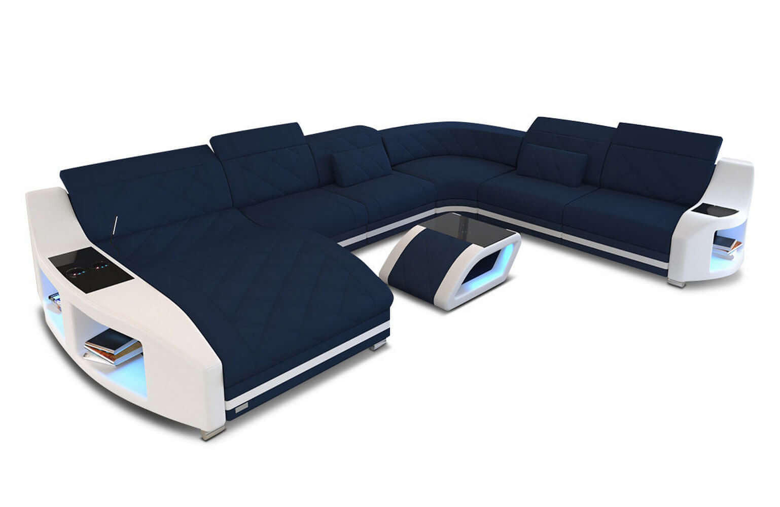 WOHNLANDSCHAFT Stoff Wohnlandschaft Swing Dunkelblau Weiß Mikrofaserstoff - Dunkelblau, Kunststoff (404/90/295cm)