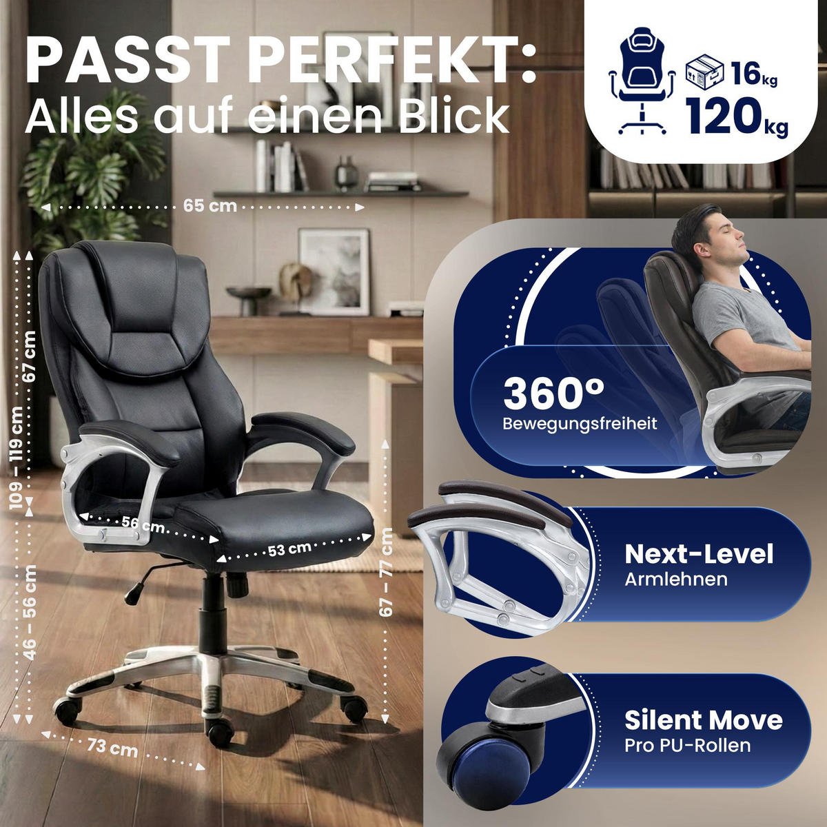 CHEFSESSEL Lederlook Schwarz - Schwarz/Grau, Kunststoff/Textil (65/109/73cm) - CLP
