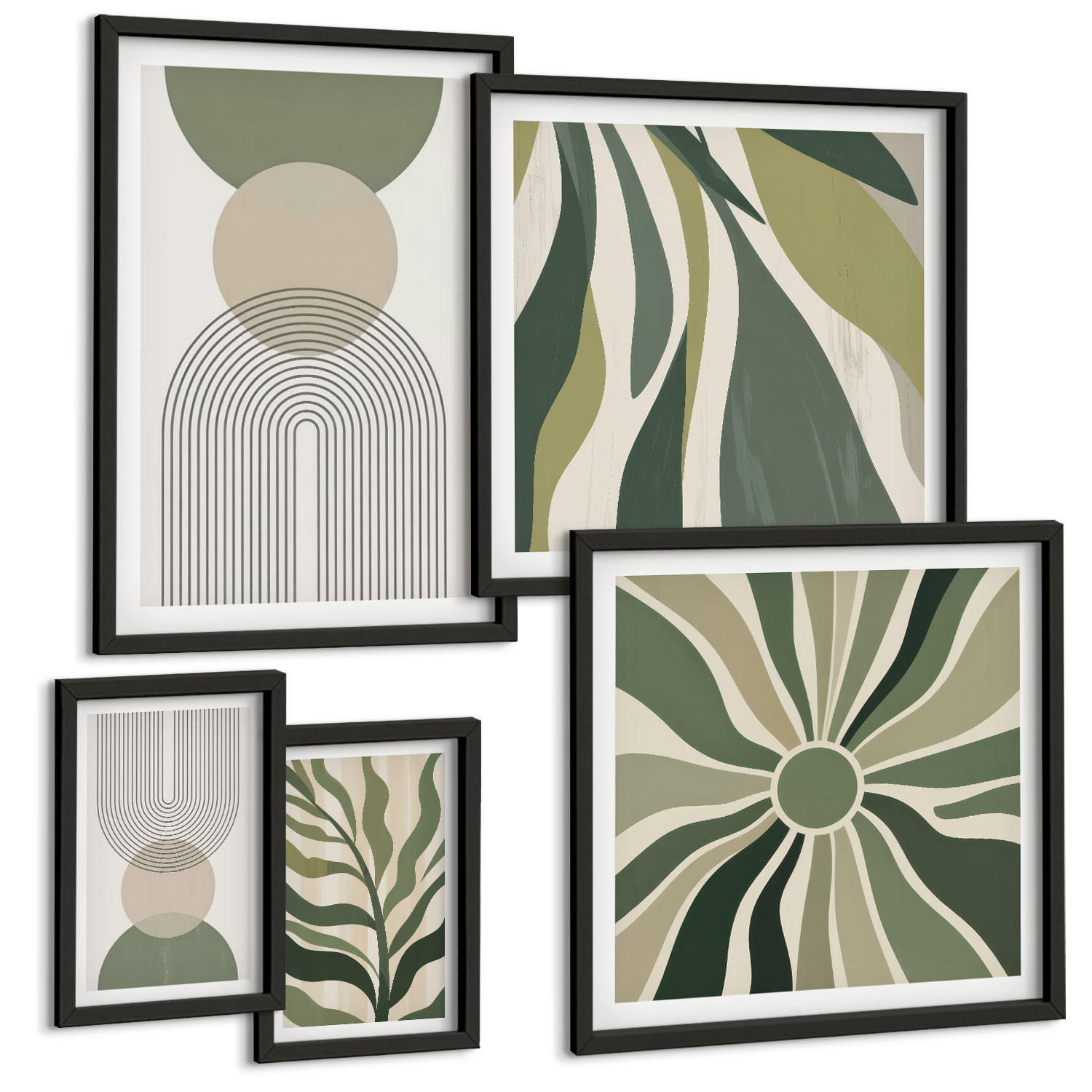 BILDER SET 5er Set - 50x50 cm & 20x30 cm & 40x60 cm Schwarzer Rahmen - Bemalte Blätter mit Grün - Schwarz, Kunststoff (40/60cm) - TULUP