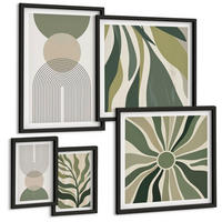 BILDER SET 5er Set - 50x50 cm & 20x30 cm & 40x60 cm Schwarzer Rahmen - Bemalte Blätter mit Grün - Schwarz, Kunststoff (40/60cm) - TULUP