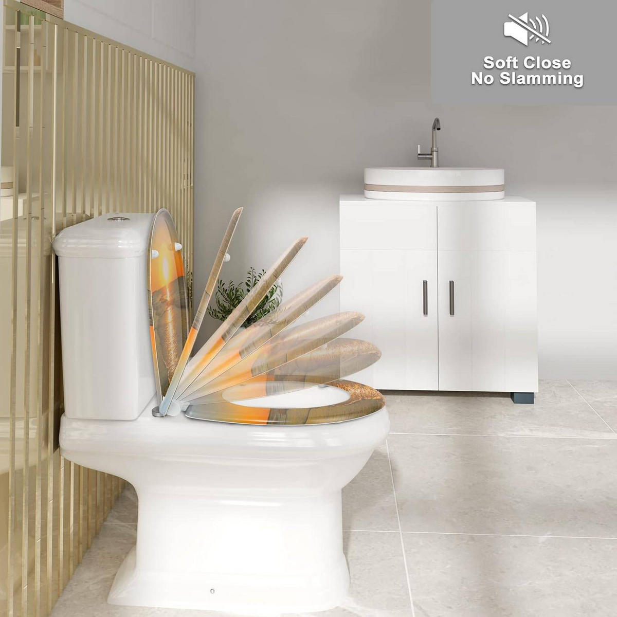 WC SITZ Toilettensitz mit Absenkautomatik,Sonnenaufgang Oval - Gelb, Kunststoff (31/2.51/45cm) - Woltu