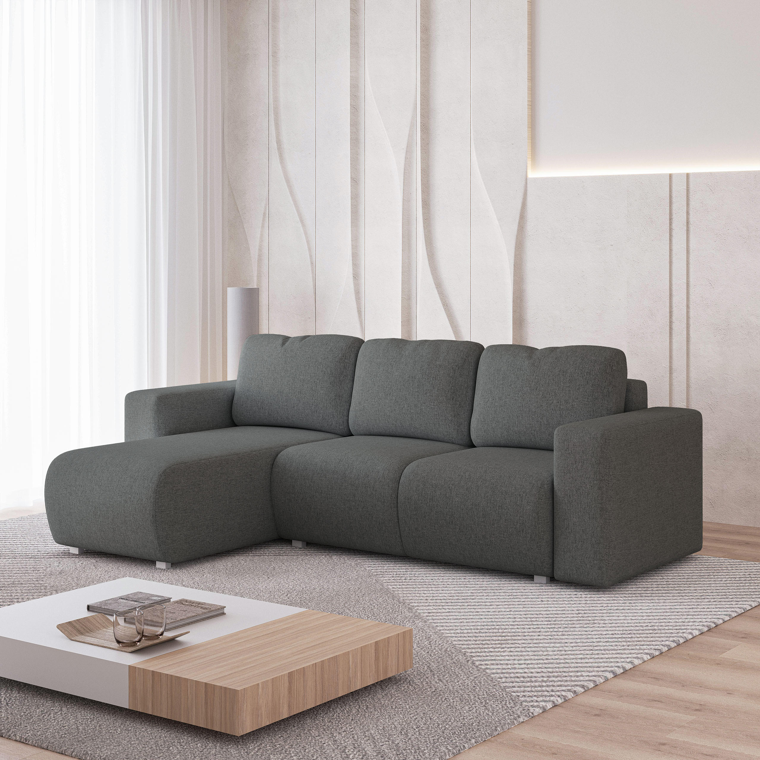 ECKSOFA RINOVA Grau Geflochtener Stoff mit Schlaffunktion - Grau, Holz (250/143cm) - MASSENO