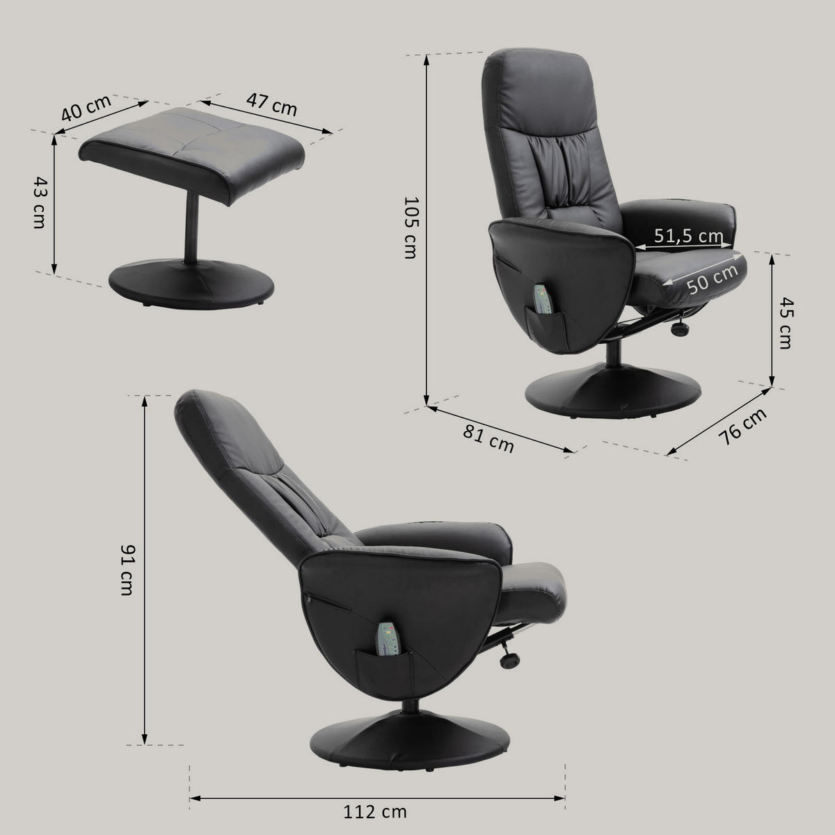 RELAXSESSEL Massagesessel mit Liegefunktion Fußhocker Stauraum TV-Sessel Schwarz - Schwarz, Kunststoff/Metall (81/105/76cm) - HOMCOM