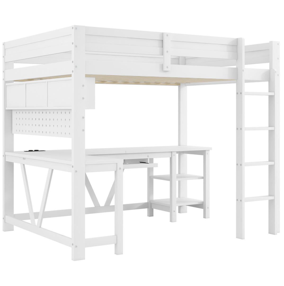 HOCHBETT 90/200 cm mit Schreibtisch, LED-Beleuchtung und Ladestation, Weiß - Weiß, Holzwerkstoff (90/200cm) - Redom
