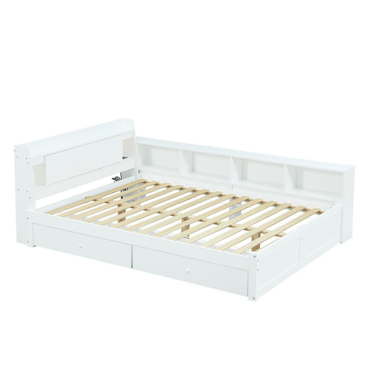 MANŽELSKÁ posteľ 140/200 cm biela s úložným čelom, osvetlením a nabíjacou zásuvkou z masívu a MDF - biela, drevo (140/200cm) - OKWISH