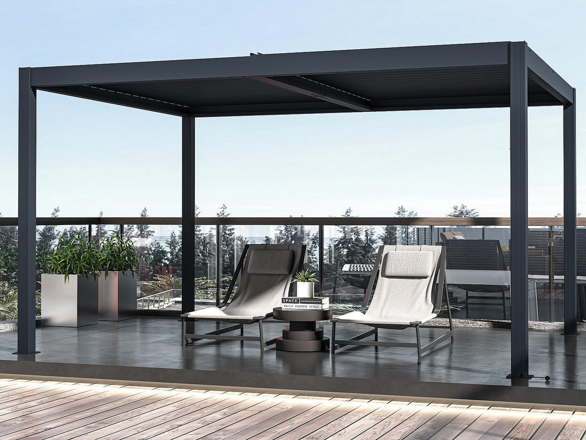 TERRASSENDACH bioklimatisch freistehend elektrisch aus Aluminium mit verstellbaren Lamellen - 12 m² - Anthrazit - AMADORA - Anthrazit, Metall (395/220/305cm) - Vente-Unique