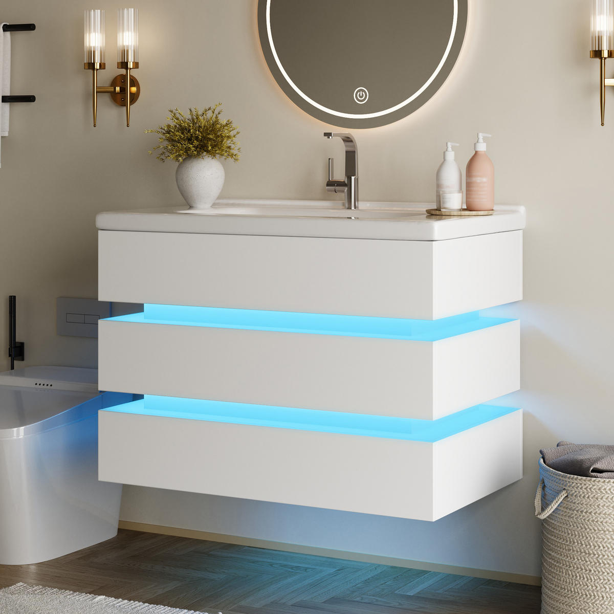 BADEZIMMERSCHRANK Wandmontiert LED Keramik Waschbecken Weiß - Weiß, Holzwerkstoff (81/57/47.5cm) - FLIEKS