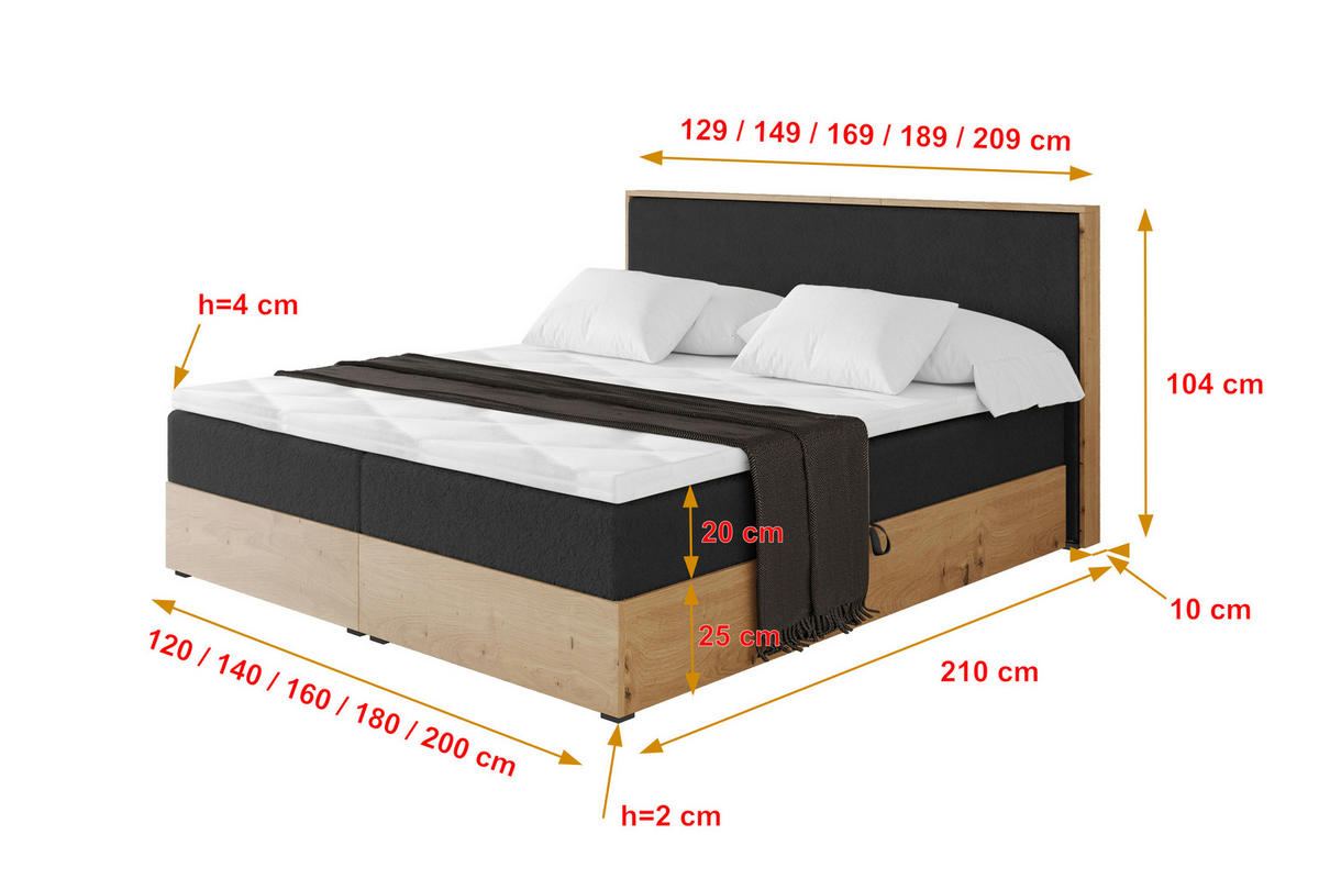 BOXBETT LOLLI9 - 140x200 - H3 Schwarz - Schwarz Hochglanz, Holzwerkstoff (140/200cm) - ALTDECOR