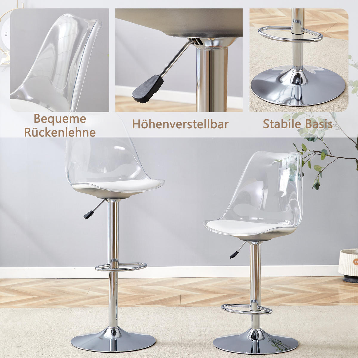 BARHOCKER 2er-Set Silber & Transparent Höhenverstellbar Drehbar mit PU-Leder - Silberfarben, Metall (45.7/99/53.3cm) - PANGIVO