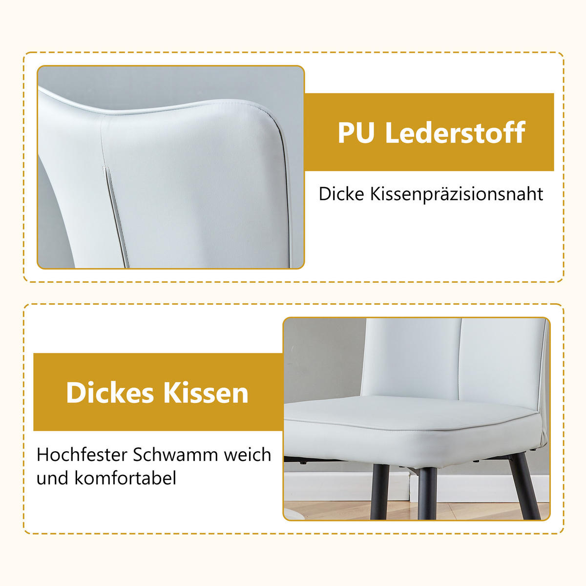 STUHL-SET DE-36516 2 Stück mit PU-Bezug und Metallbeinen Hellgrau - Hellgrau, Metall (44/89/45cm) - ComfortXL