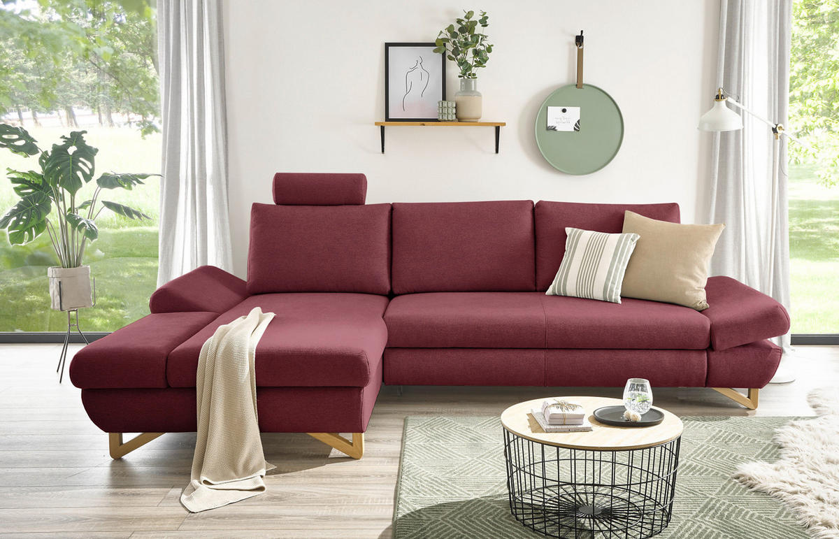 ECKSOFA bordeaux Velours, Wohnzimmer Sofa - Bordeaux, Holz/Textil (166/284cm) - Furn.Design