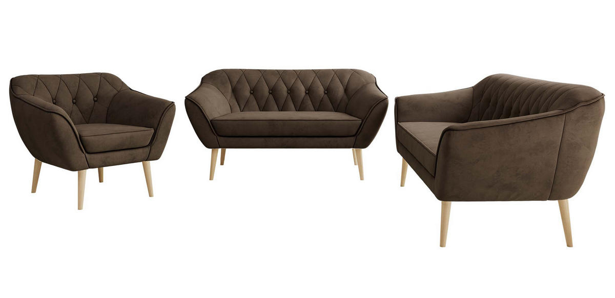 SITZGARNITUR PIRS 3+2+1 - Braun Velvet - Holzbeine - Dunkelbraun/Buchefarben, Holzwerkstoff/Textil (180/75/74cm) - MKS
