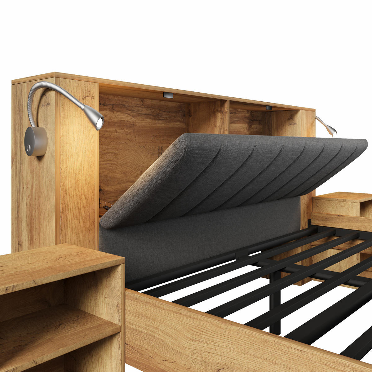 POLSTERBETT 160x200 cm in Eiche mit USB & Leselampen - Eichefarben, Holzwerkstoff (160/200cm) - Modfu