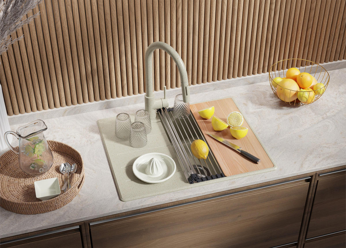 SPÜLBECKEN Kopenhagen, 2-er set Beige 62/50 cm 1 Becken + Ablauf-Set + Schneidebrett ab 45er Unterschrank - Beige, Kunststoff (62/20/50cm) - Primagran