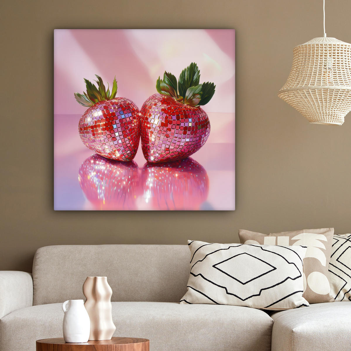 LEINWANDBILD Disco - Obst - Glitzer - Erdbeere 90x90 cm - Pink, Textil (90/90cm) - MuchoWow