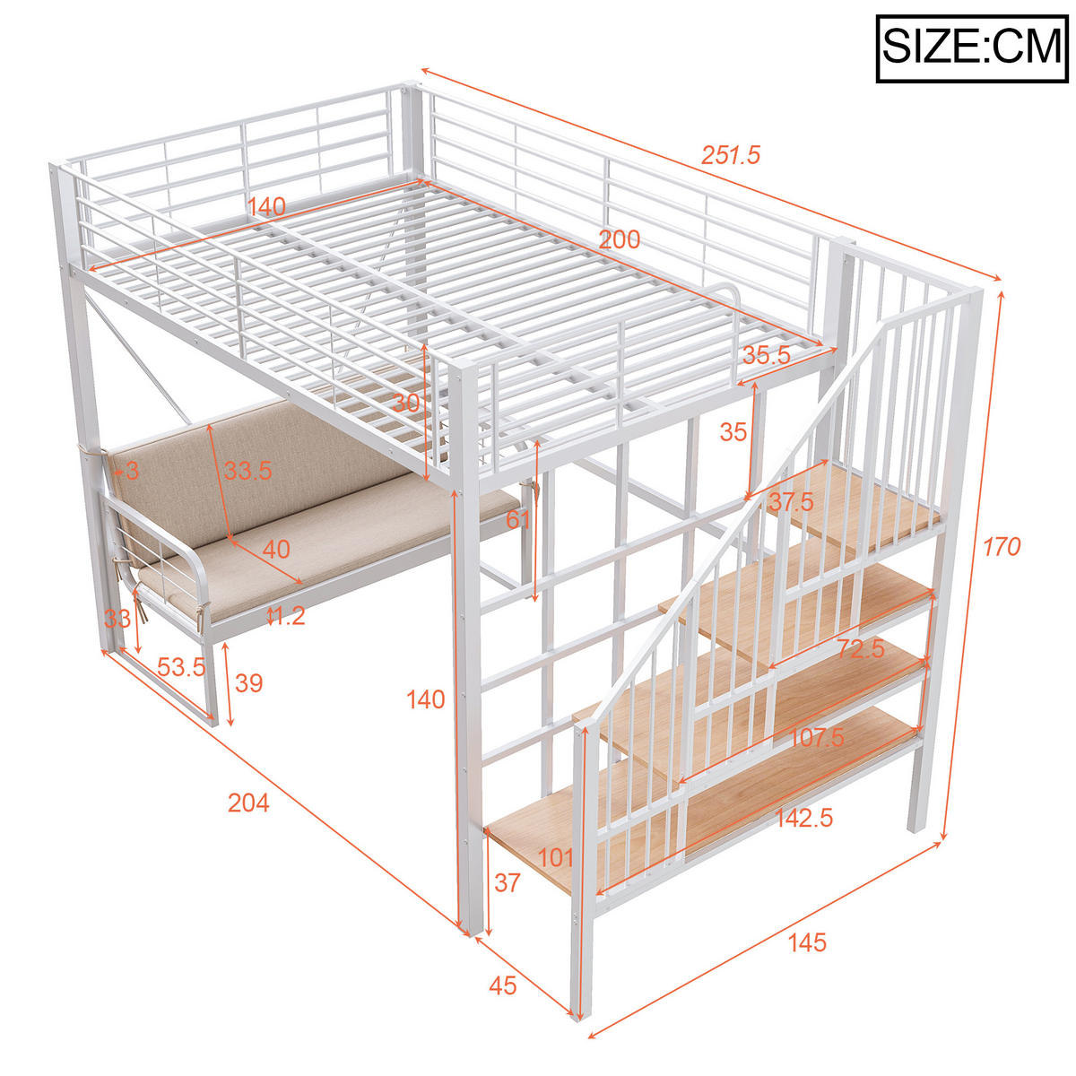 HOCHBETT 140/200 cm DE-01525, in Weiß, mit Polstersofa, Stauraum und Sicherheitstreppe - Weiß, Metall (140/200cm) - ComfortXL