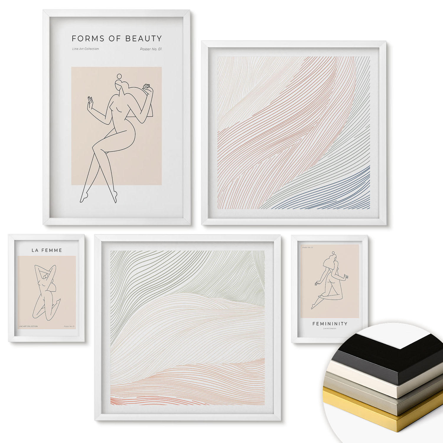 WANDBILDER 5er-Set - 50x50 cm & 20x30 cm & 40x60 cm Weißer Rahmen - Weibliche Silhouetten auf Plakaten - Weiß, Kunststoff (40/60cm) - ArtPrintCave