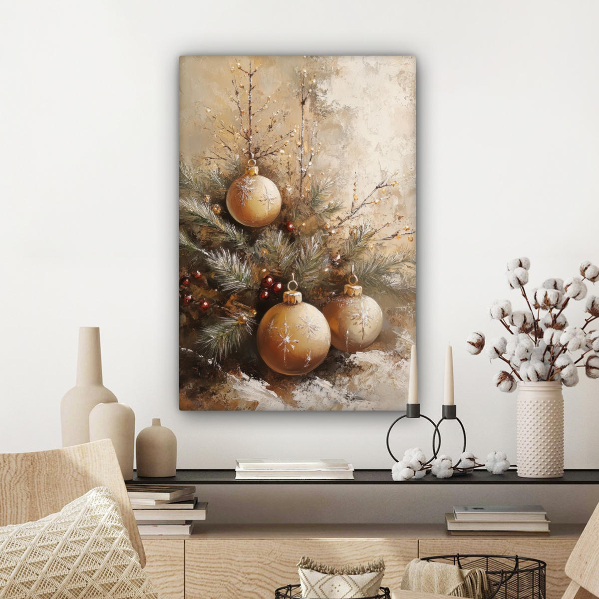 LEINWANDBILD Weihnachten - Kugeln - Beige - Gold Wanddeko 40x60 cm - Goldfarben, Textil (40/60cm) - MuchoWow