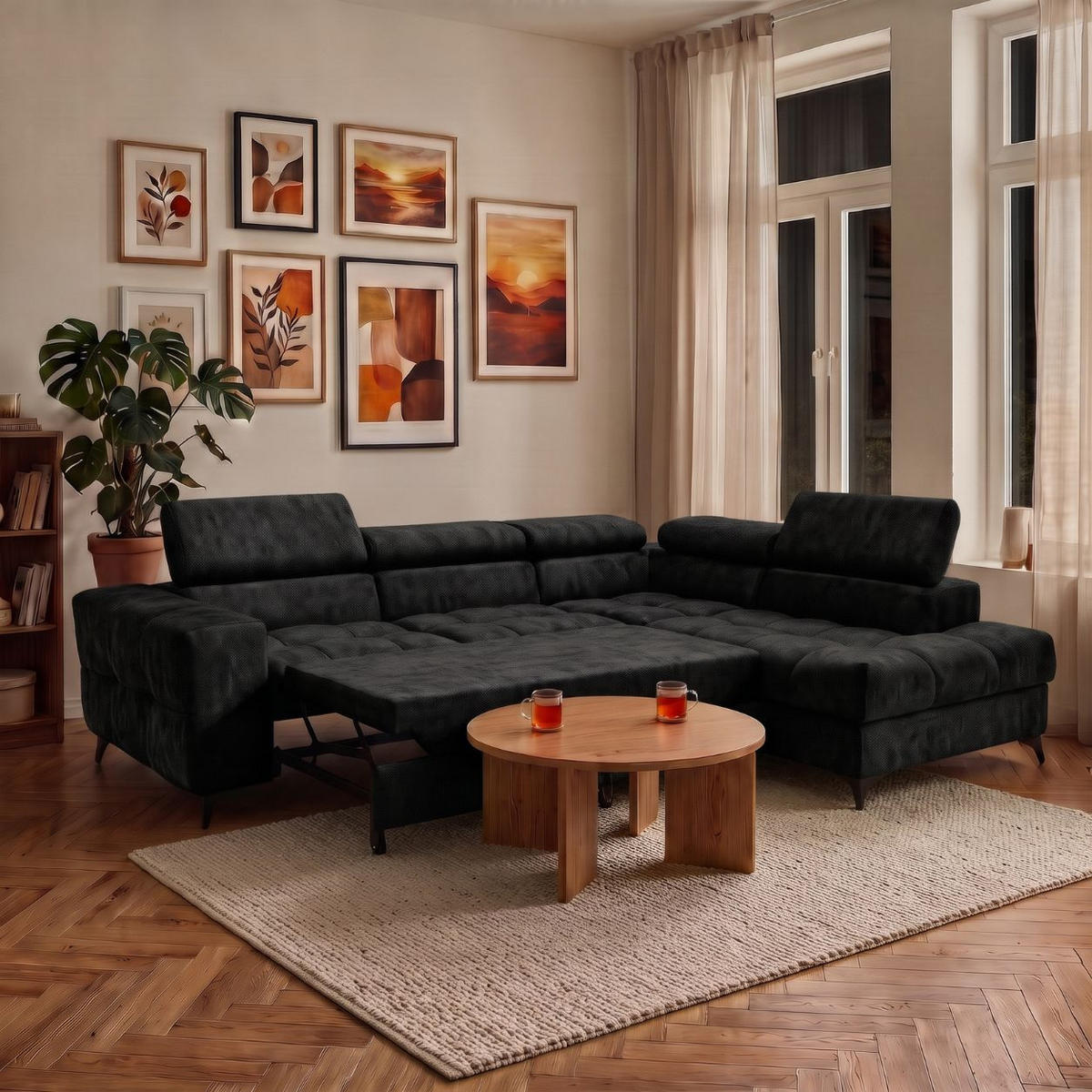ECKSOFA PUDDING L Rechts mit Schlaffunktion 128x197 Velours Schwarz - Schwarz, Holz/Textil (204/270cm) - Muffo