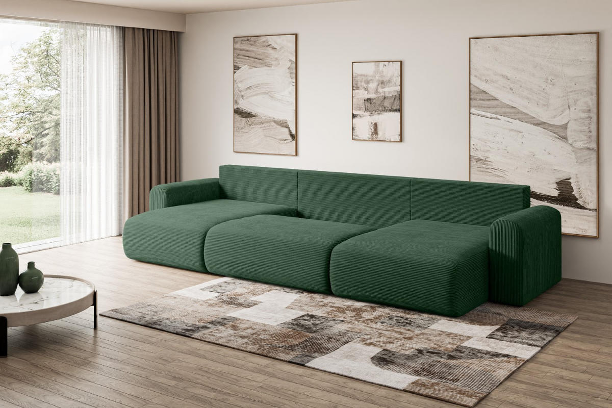 WOHNLANDSCHAFT mit Schlaffunktion und Bettkasten ORRO-U - 362x145x83 cm Grün Cord - Schwarz/Grün, Holzwerkstoff/Kunststoff (362/83/145cm) - ALTDECOR
