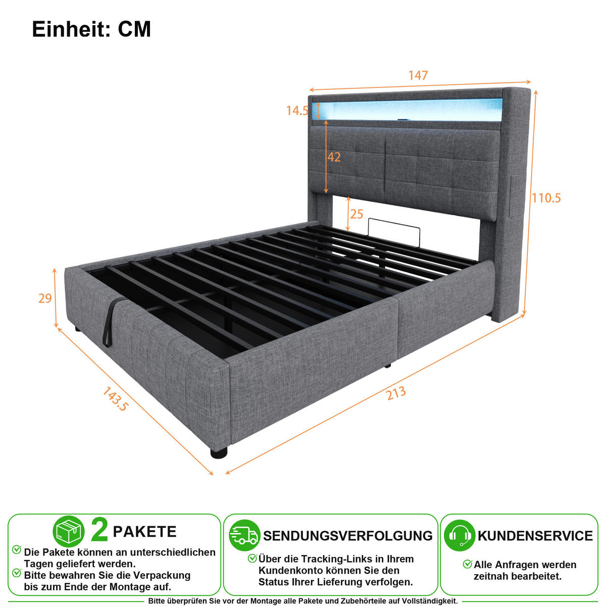 POLSTERBETT 140/200 cm in Grau mit LED, USB und Bettkasten Leinenstoff - Grau, Holzwerkstoff/Textil (140/200cm) - CHICFURN