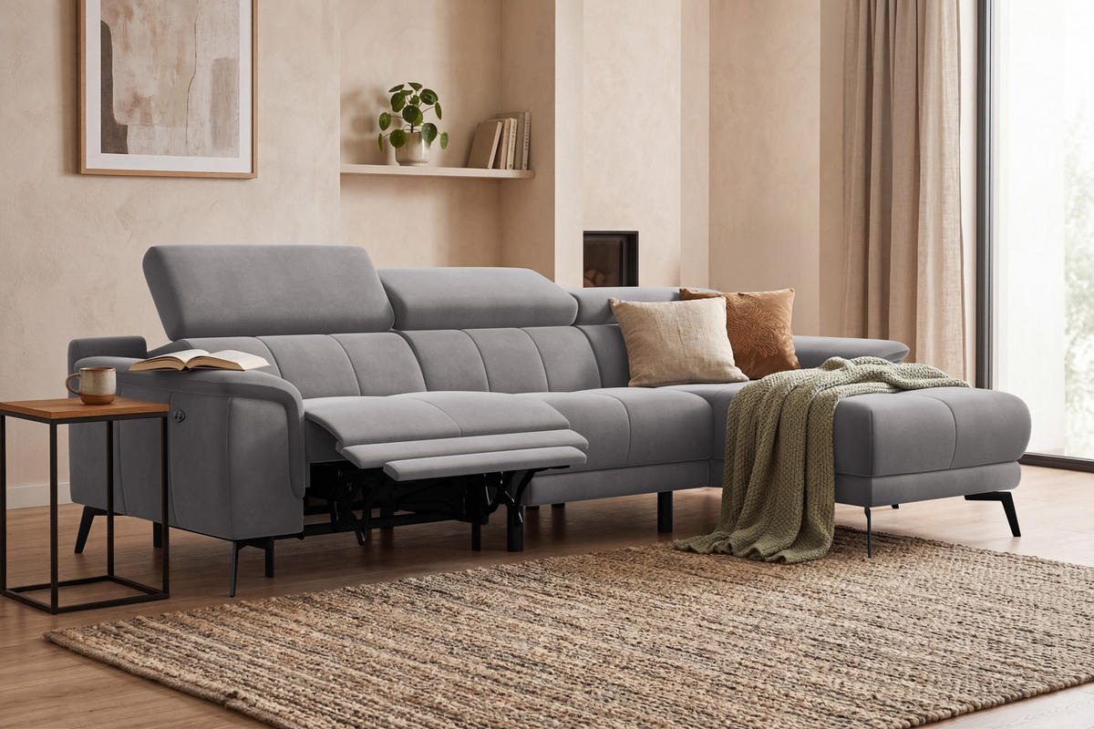 ECKSOFA FIERO 4-Sitzer RECHTS, Dunkelgrauer Veloursstoff - Dunkelgrau/Schwarz, Holz/Textil (288/170cm) - Courtois Laville