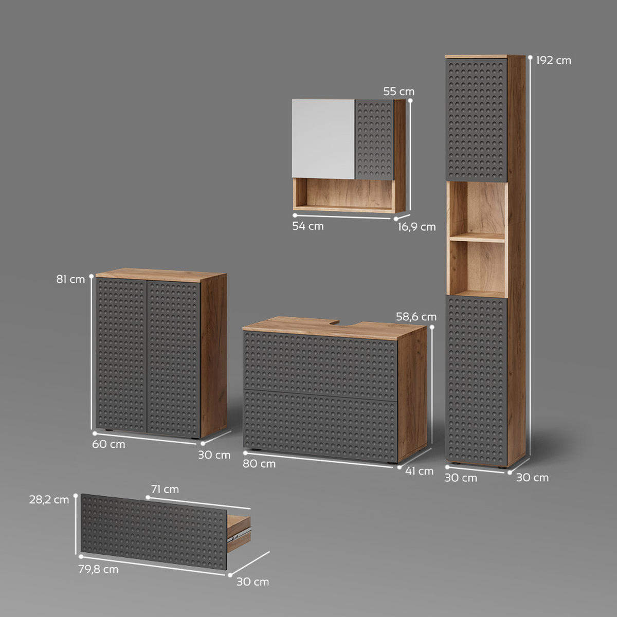 BADMÖBEL-SET Ronco Anthrazit gepunktet 4 Teile, mit Schubladenschrank und Midischrank - Eichefarben/Anthrazit, Holzwerkstoff (80/58/41cm) - Livinity®