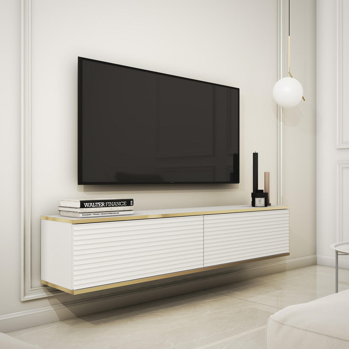TV-BOARD FORNO (Hängend, Weiß, Rillenfront, Goldene Details, 2 Klapptüren, 135 cm) - Weiß, Holz/Holzwerkstoff (135/30/32cm) - Ravio