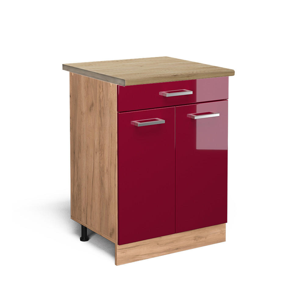 KÜCHENUNTERSCHRANK R-Line Bordeaux Hochglanz 60 cm mit Schublade AP Eiche - Bordeaux/Eiche Wotan, Holzwerkstoff (60/81.6/60cm) - Vicco