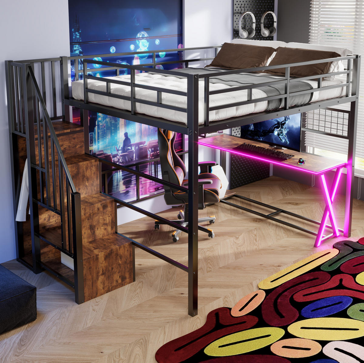 HOCHBETT aus Metall und MDF 160x200 cm Schwarz mit Schreibtisch, Kleiderschrank und LED-Beleuchtung - Schwarz, Holzwerkstoff (160/200cm) - Modfu