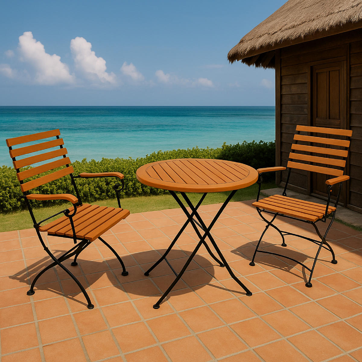 GARTENESSGRUPPE Bad Belzig - 3-teilig (2x Armlehnensessel, 1x Tisch 75x75cm), Gestell Flachstahl schwarz, Latten Eukalyptusholz, - Schwarz, Metall - TPFGarden