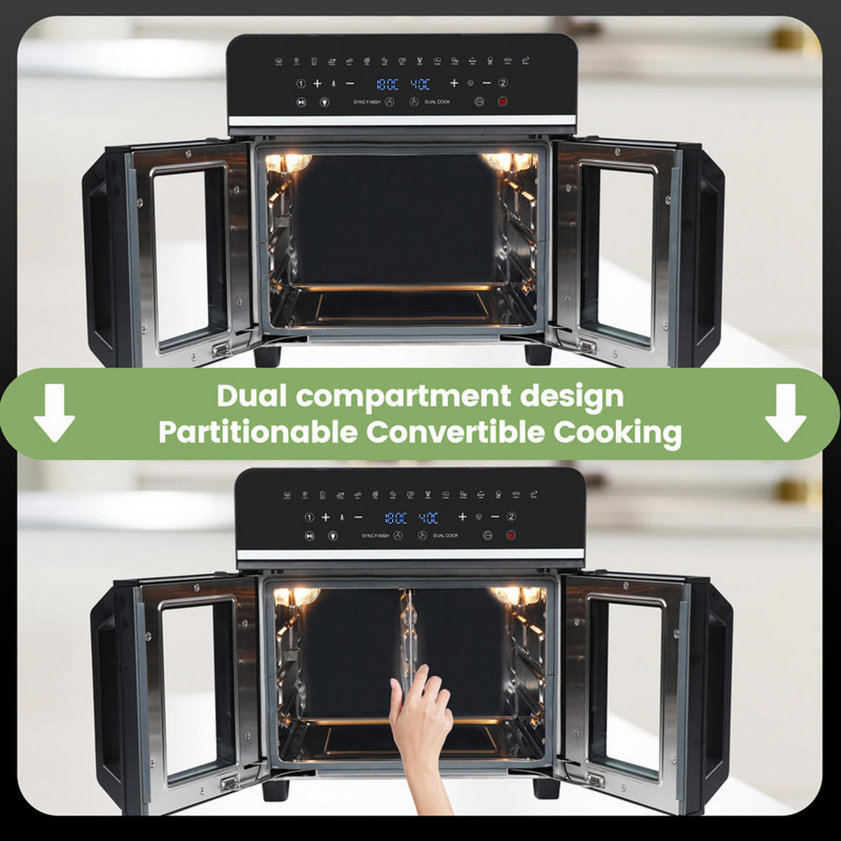 HEISSLUFTFRITTEUSE XXL – 23 L, 2200 W, 2 Zonen, 15 Programme, LED-Touchscreen, inkl. Rezeptbuch - Schwarz, Metall (39/39/40cm) - Kaket