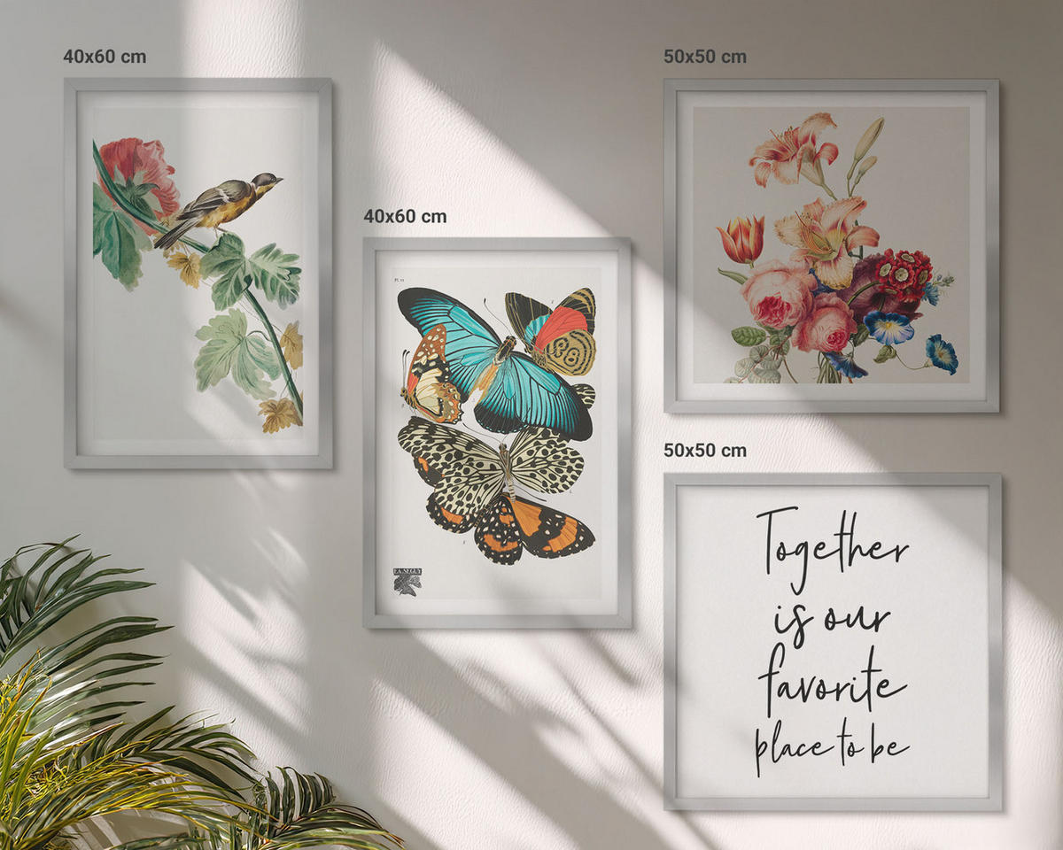 BILDER SET 4er Set - 50x50 cm & 40x60 cm Silberner Rahmen - Blumen, Schmetterlinge, Vögel, Pastellfarben - Silberfarben, Kunststoff (50/50cm) - TULUP