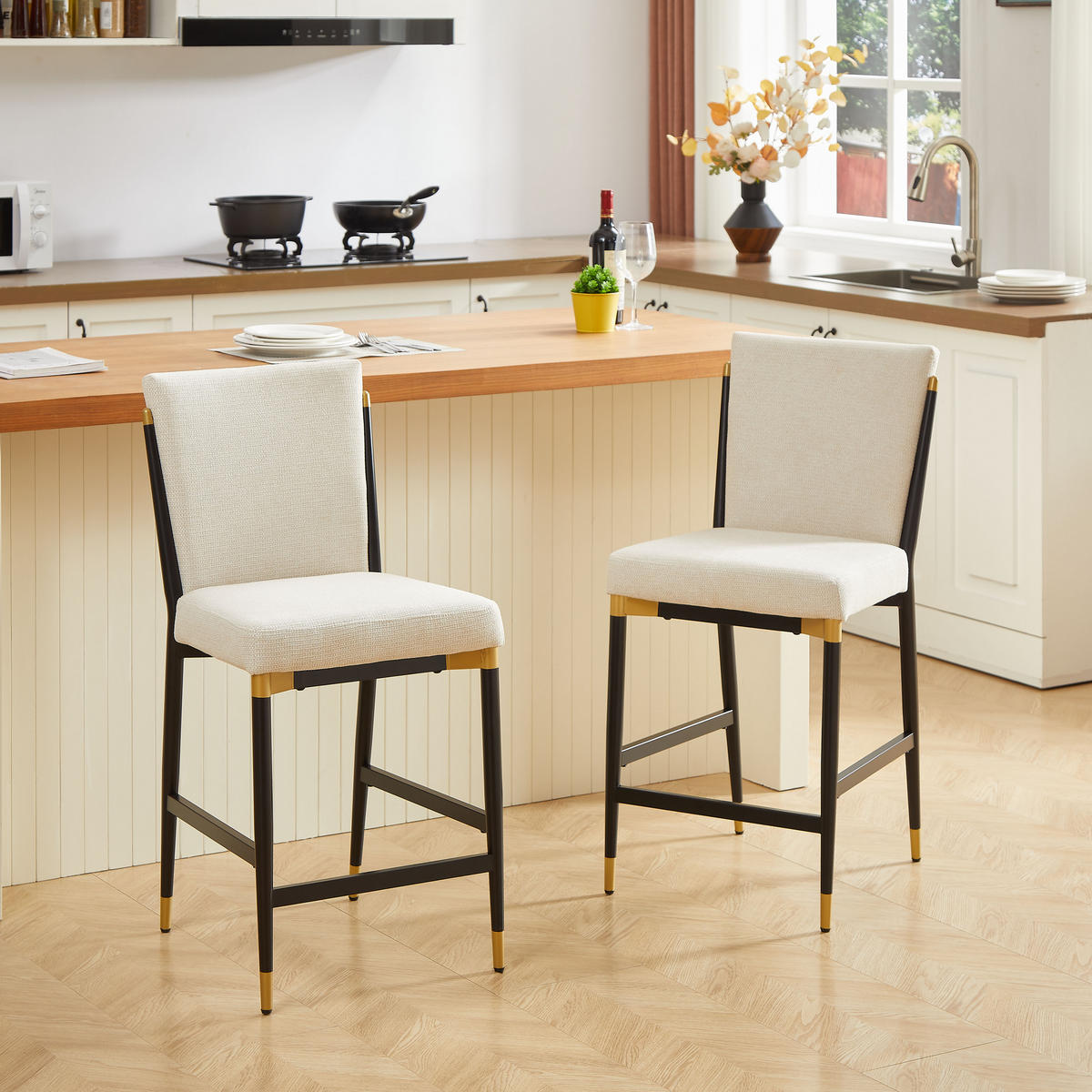 BARHOCKER 2er-Set Beige mit Stoffbezug und Fußstütze - Beige, Textil (49/102/59cm) - PANGIVO