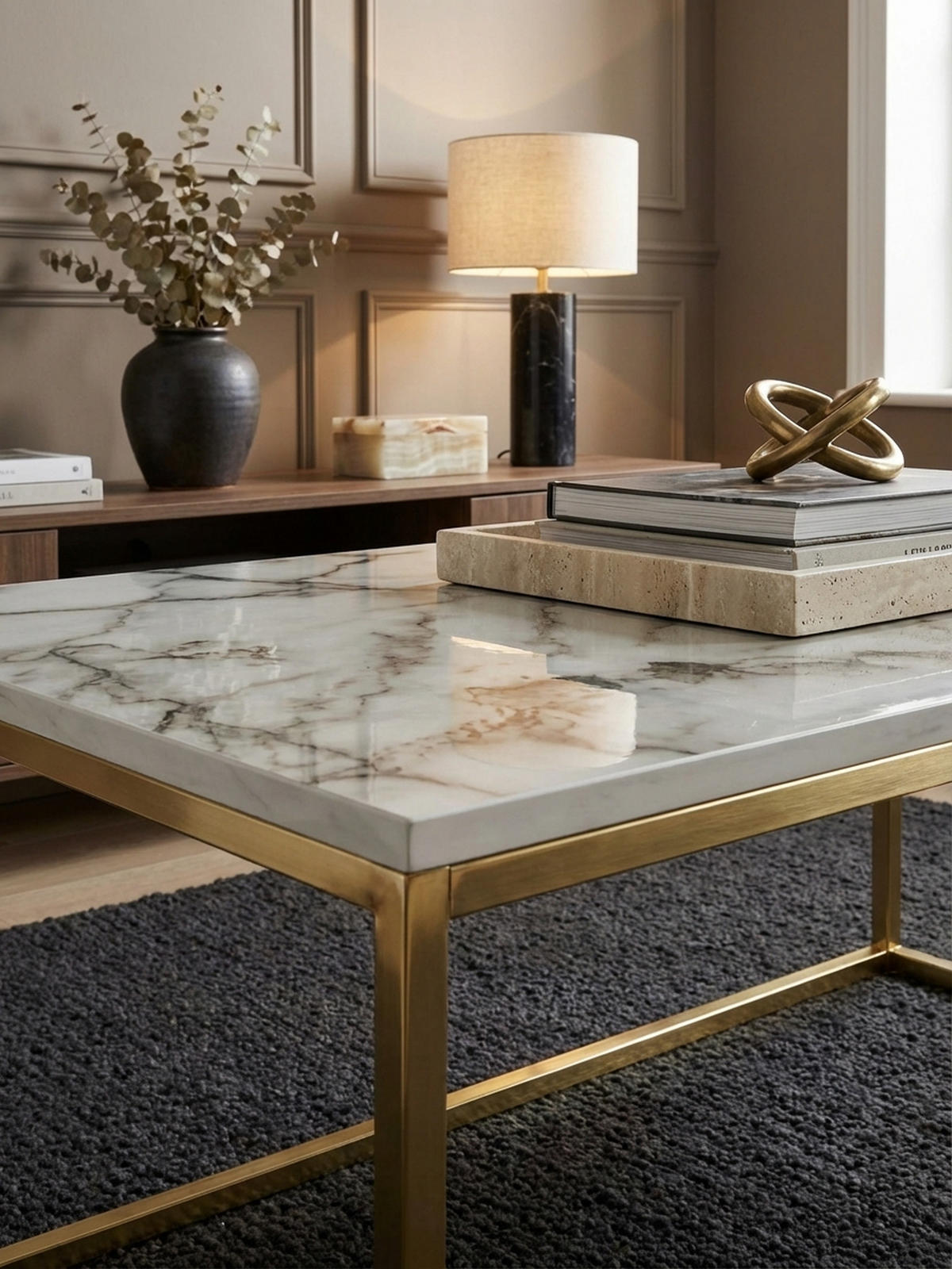 COUCHTISCH mit Marmor-Optik, Metallbeine, rechteckig, Serie MARBRIX, Weiß 100x60x40 cm - Goldfarben/Weiß, Holz/Metall (60/100/40cm) - KADIMA DESIGN