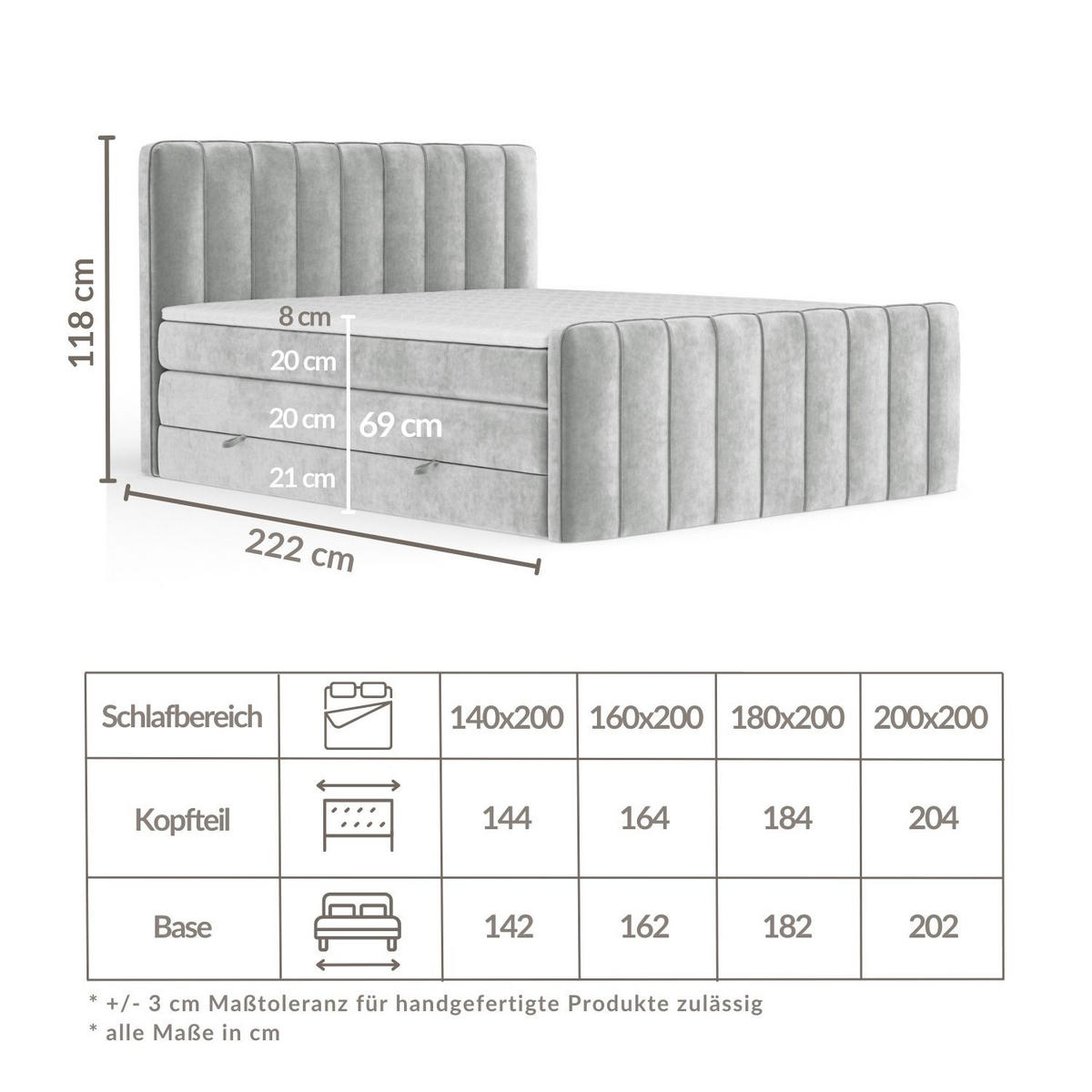 BOXSPRINGBETT Novara Taupe 180/200 cm - Taupe/Schwarz, Holz/Holzwerkstoff (180/200cm) - Maison de Reve