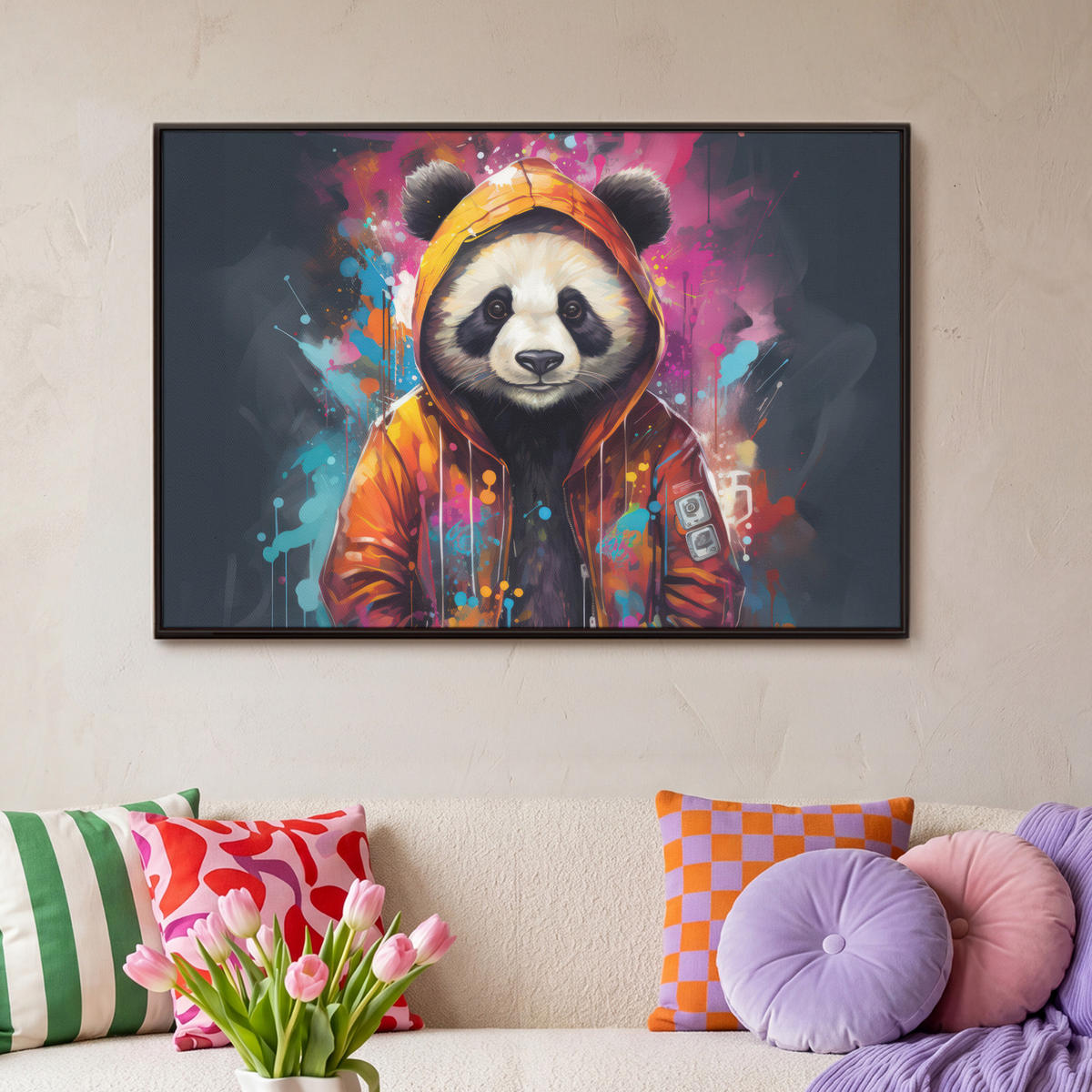 LEINWAND Bilder mit Rahmen - Panda - Jacke - Graffiti - Orange - 90x60 - Orange, Textil (90/60cm) - MuchoWow