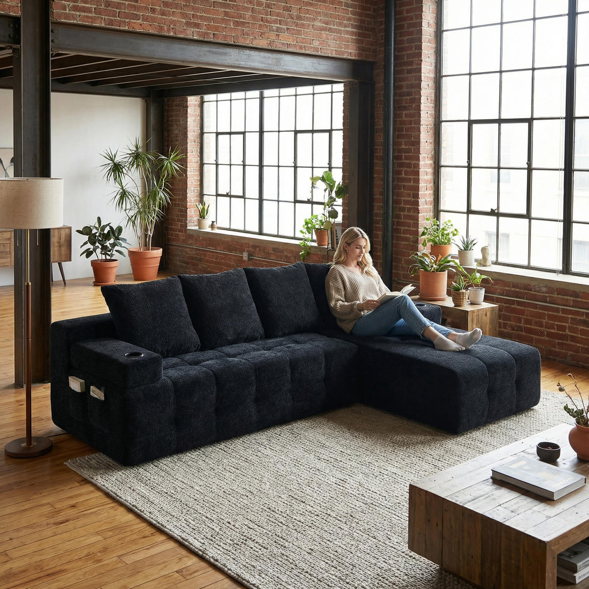 ECKSOFA Chenille Schwarz mit Becherhaltern und Seitenfach - Schwarz, Textil (260/168cm) - WISHDOR