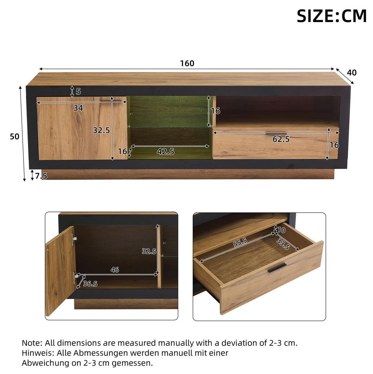 LOWBOARD 160/40/50 cm aus Holzwerkstoff mit LED-Beleuchtung Schwarz/Eichefarben - Eichefarben, Holzwerkstoff (160/50/40cm) - Modenvie