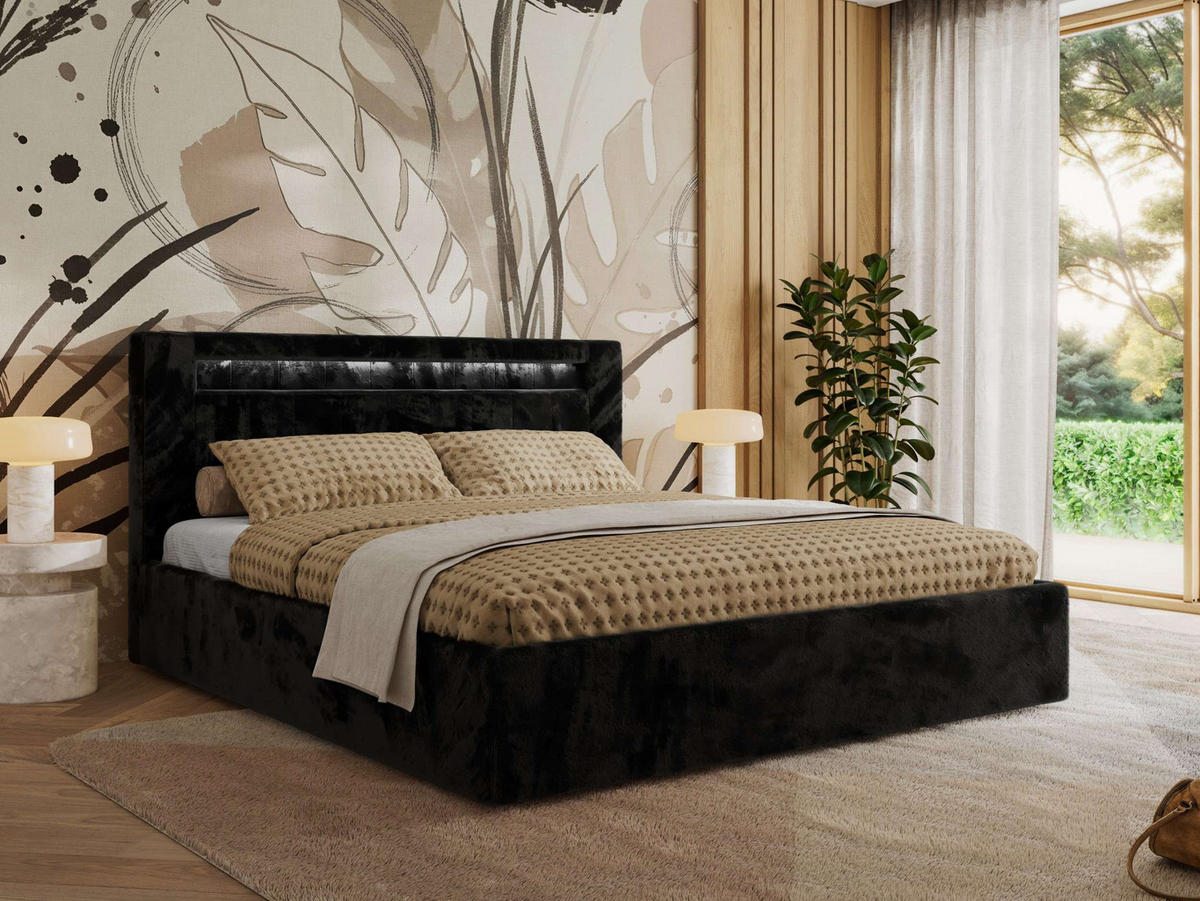 POLSTERBETT GOLD 5 CLASSIC 200/200 - Schwarz Plüsch - ohne Matratze - Schwarz, Textil (200/200cm) - MKS