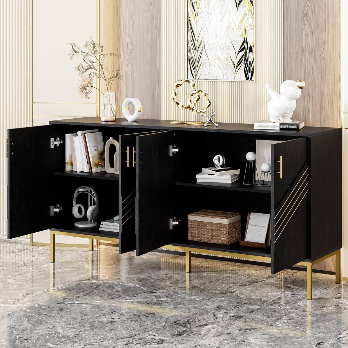 SIDEBOARD 160/40/80,5 cm mit 4 Türen in Schwarz mit goldfarbenen Metallakzenten - Schwarz, Holzwerkstoff (160/80.5/40cm) - BEAOK