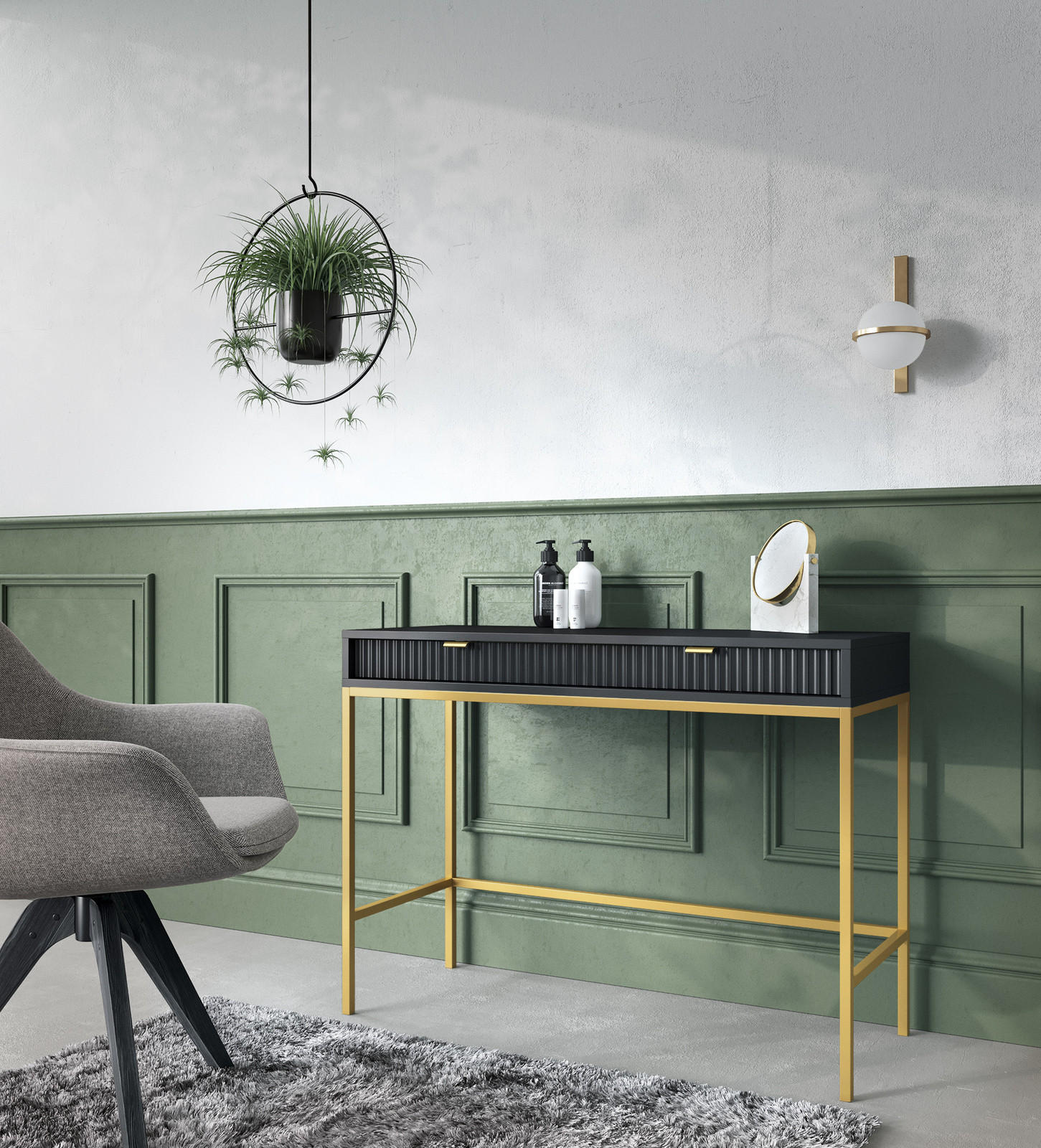 SCHMINKTISCH Kioto in Schwarz mit Metallbeinen - Goldfarben/Schwarz, Holzwerkstoff/Metall (50/104/77cm) - Ravio