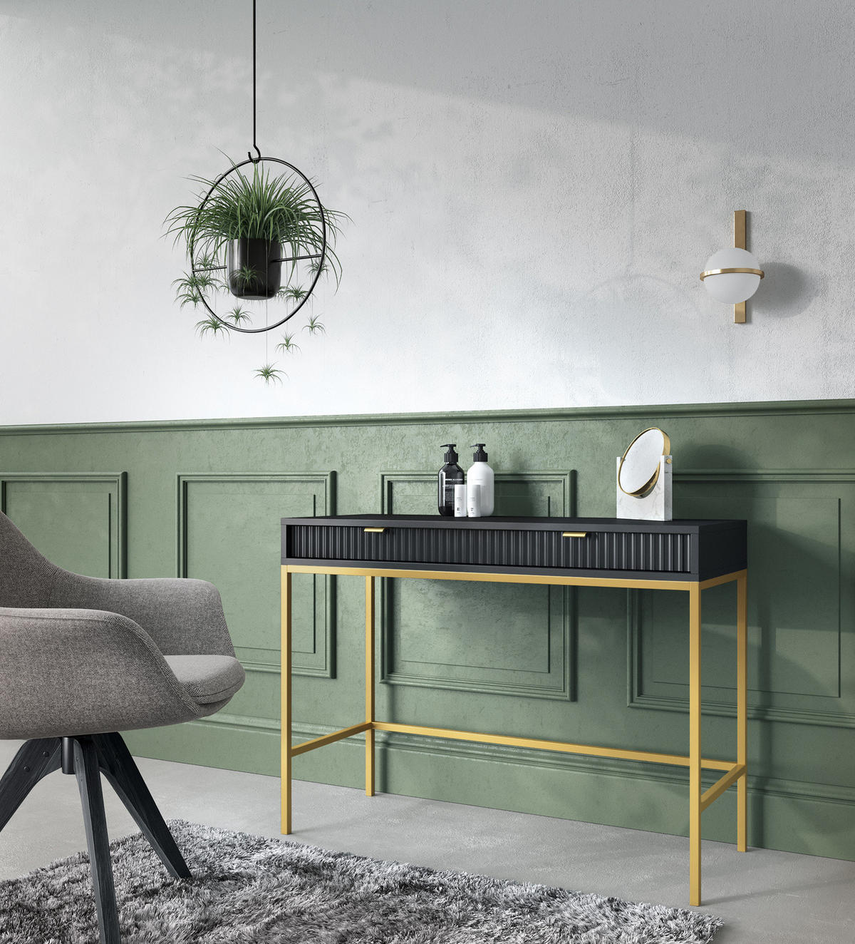 SCHMINKTISCH Kioto in Schwarz mit Metallbeinen - Goldfarben/Schwarz, Holzwerkstoff/Metall (50/104/77cm) - Ravio