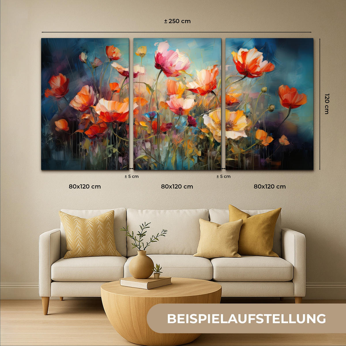 OBRAZ NA PLÁTNĚ 3dílná sada Květiny - barevné - abstraktní 240x120 cm - šedohnědá, textil (240/120cm) - MuchoWow
